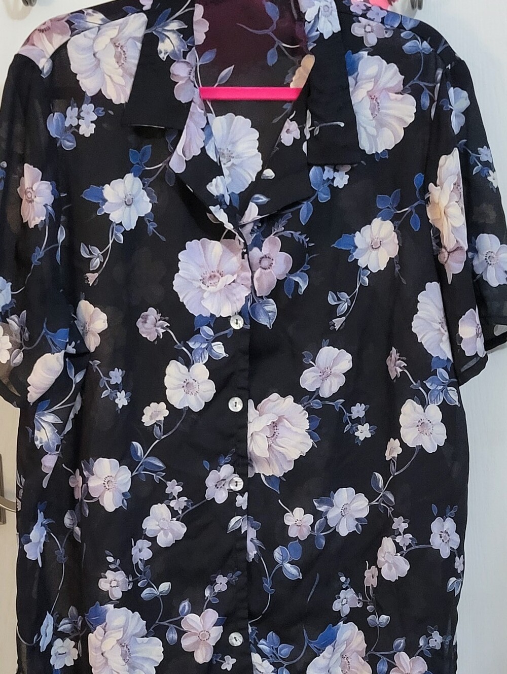 Women's Black Floral Button-Down Shirt with Lavender Blooms